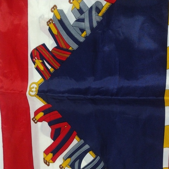Gucci Vintage Equestrian Silk Scarf – Red, Navy, Gold Horse Rider Print | Luxury - Picture 4 of 8